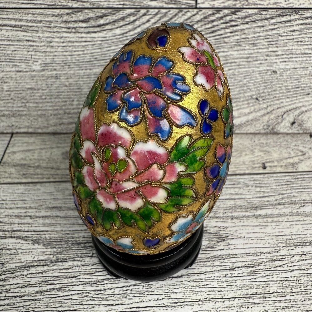 Vintage Cloisonne Enamel Floral Egg Decor Gold Pink Blue with Wood Stand